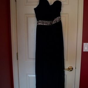black maxi dress, one shoulder, see-thru bottom